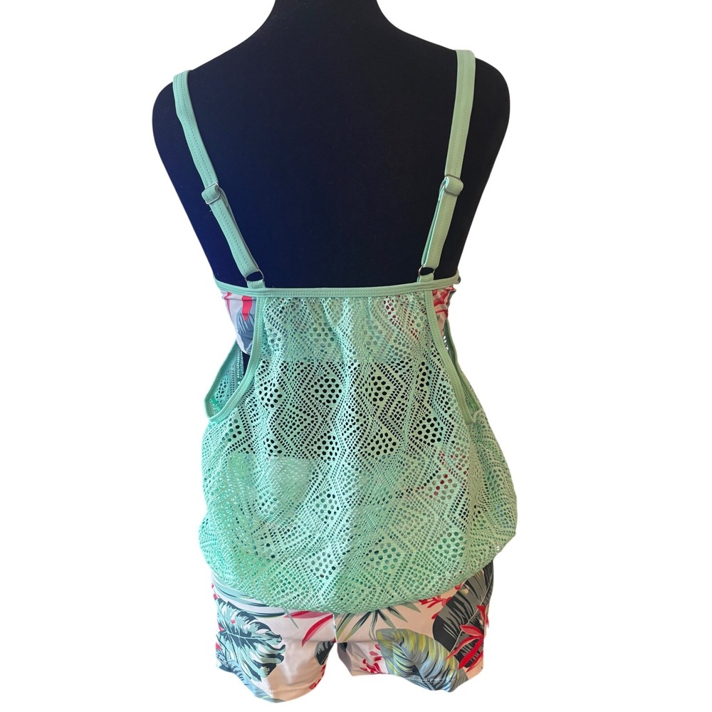 Women's Tankini Swim Set Size S Mint Green Tropical Palm Crochet Boy Shorts NWOT - Picture 4 of 10